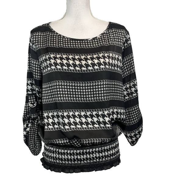Michael Kors Blouse Top size Large Black White Hounds Tooth Smocking Career - Picture 1 of 7